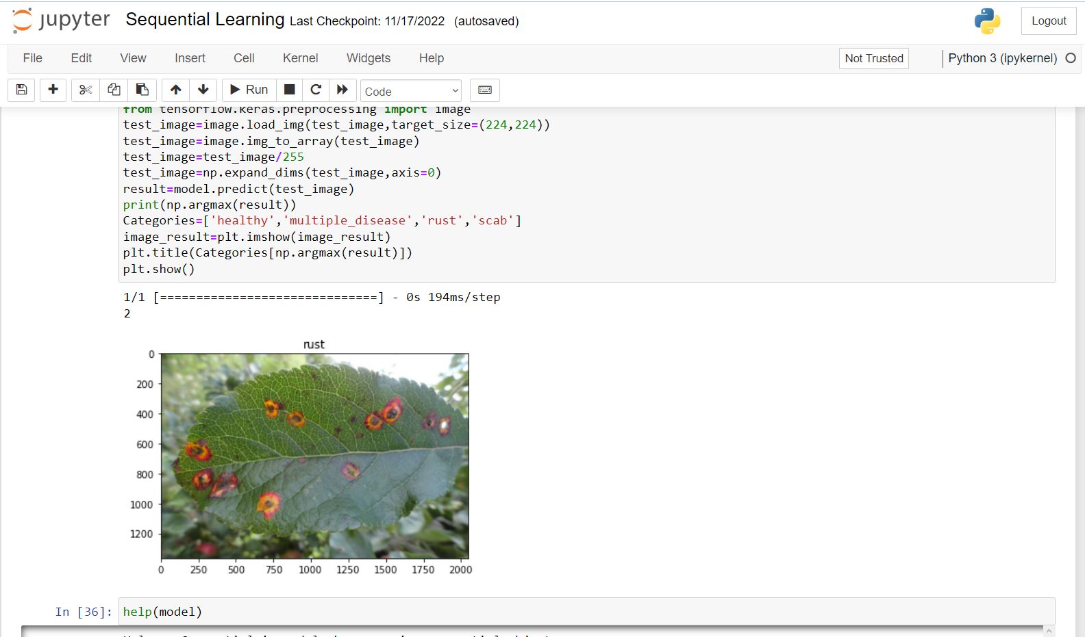 Apple plant trees disease detection using CNN and Sequential model